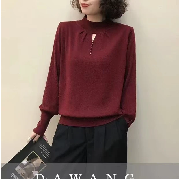 美红家   年款半高领镂空百搭纯色长袖针织衫