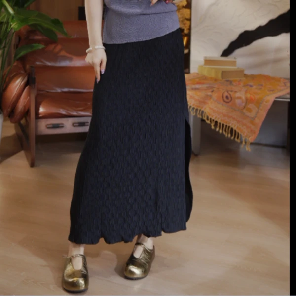 侧开叉高弹水波纹半裙S29YS373969