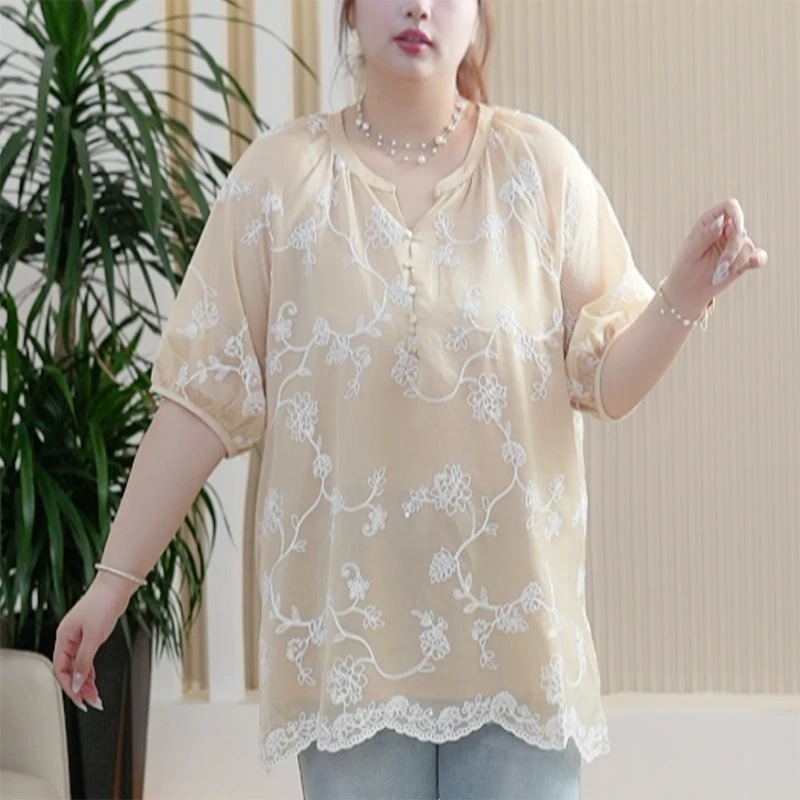 天丝TR凉感纱绣花衬衫莱赛尔小V领珠片猫眼扣大码灵动夏季上衣女