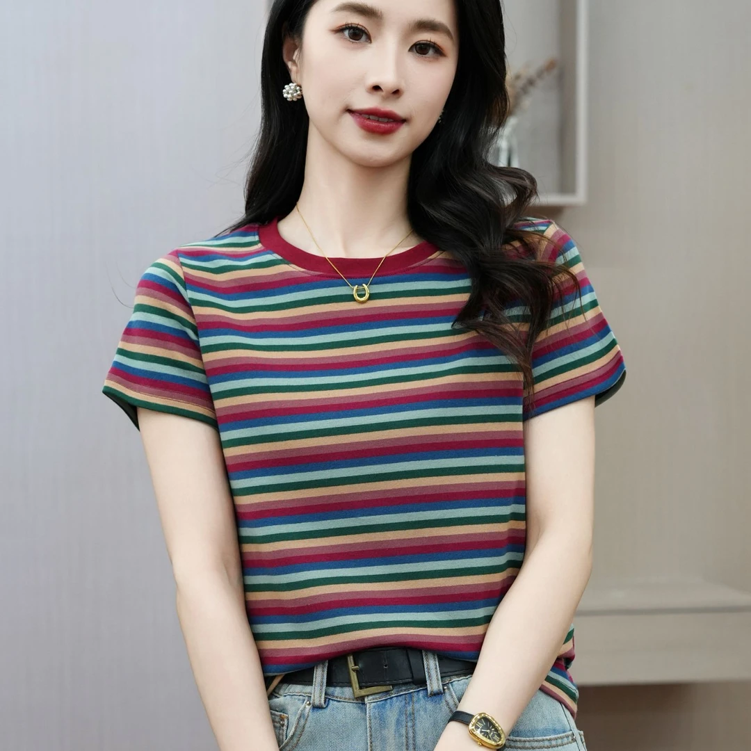 高品质女士圆领夏季新款时尚洋气彩虹条纹正肩短袖撞色T恤女875