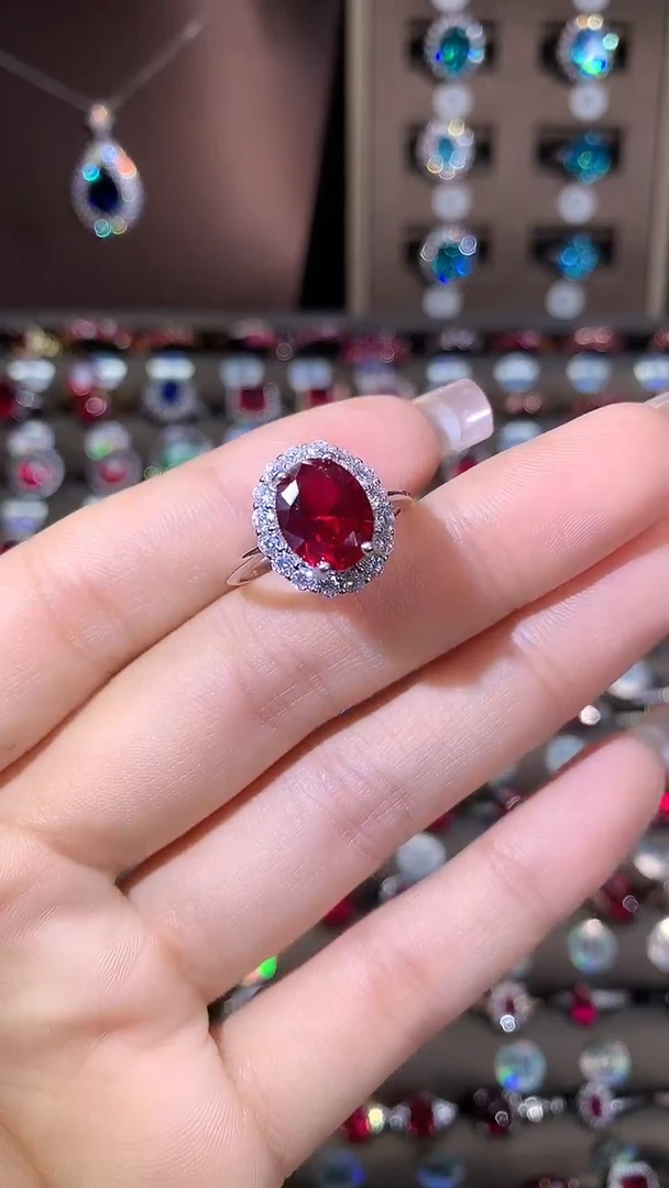 银S925镶嵌戒指红宝石810酒红银色