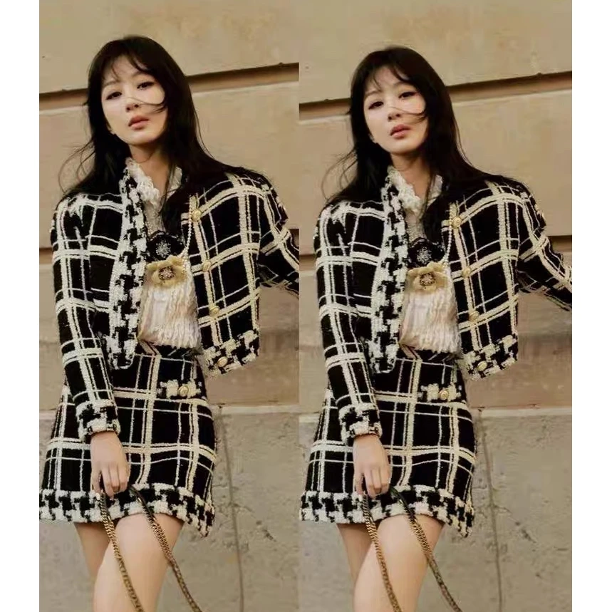 杨紫黑白格子小香风套装女气质粗花呢短款外套短款半身裙两件套