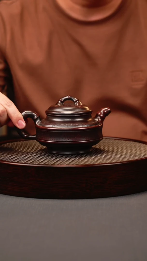 茶壶紫砂古红泥 双线竹鼓 刻绘