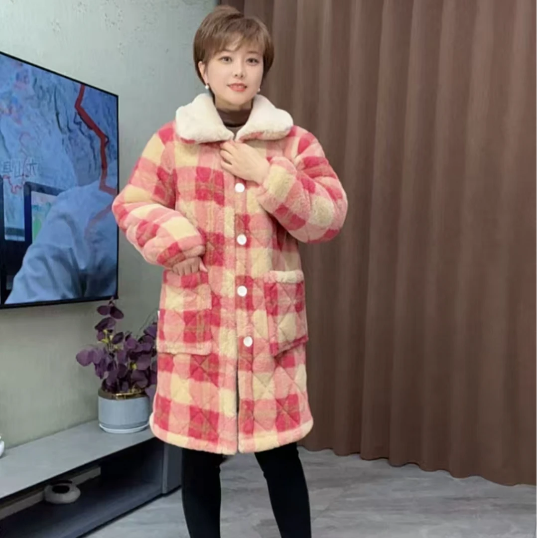 【特厚毛领】厂家冬季宽松睡衣加绒加厚家居服长袍睡衣女家居服