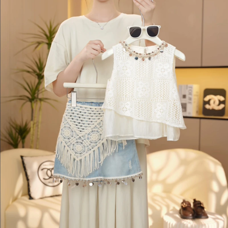 【现货现发】女童套装夏季2025新款洋气牛仔裙女孩简约气质镂空背心