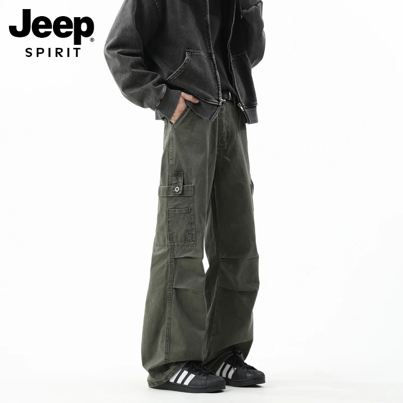 JEEPSPIRIT军绿色褶皱伞兵裤男秋阔腿日系水洗工装裤百搭宽松伐木
