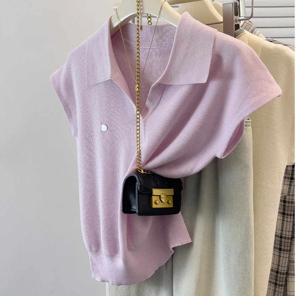 200斤可穿大码Polo领冰丝短袖T恤女夏季设计感减龄飞飞袖显瘦上衣