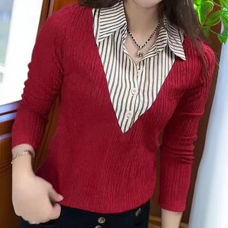 2025新款时尚假两件条纹V领气质长袖小衫百搭洋气宽松显瘦上衣女