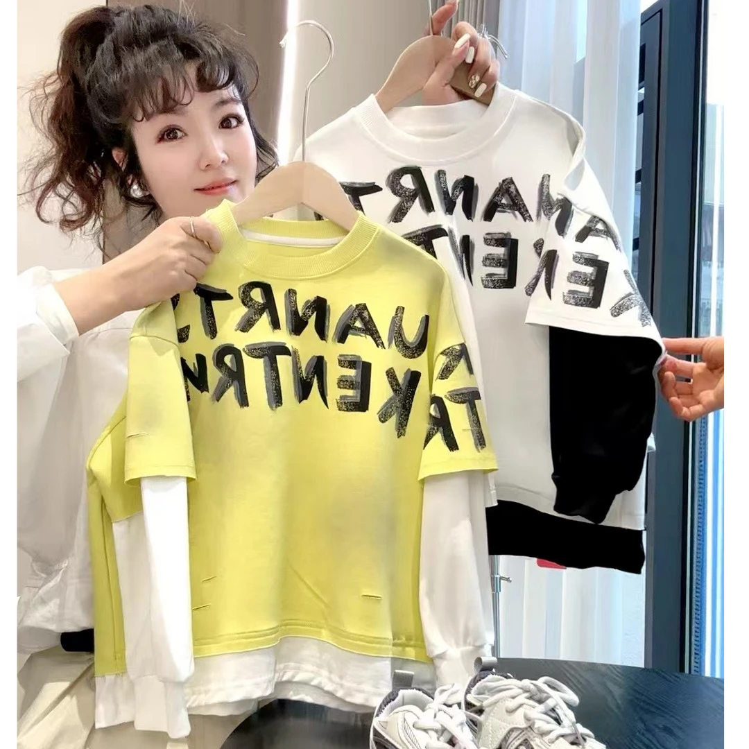 男童假两件卫长袖衣宽松经典做旧春季圆领套头休闲印花儿童童装