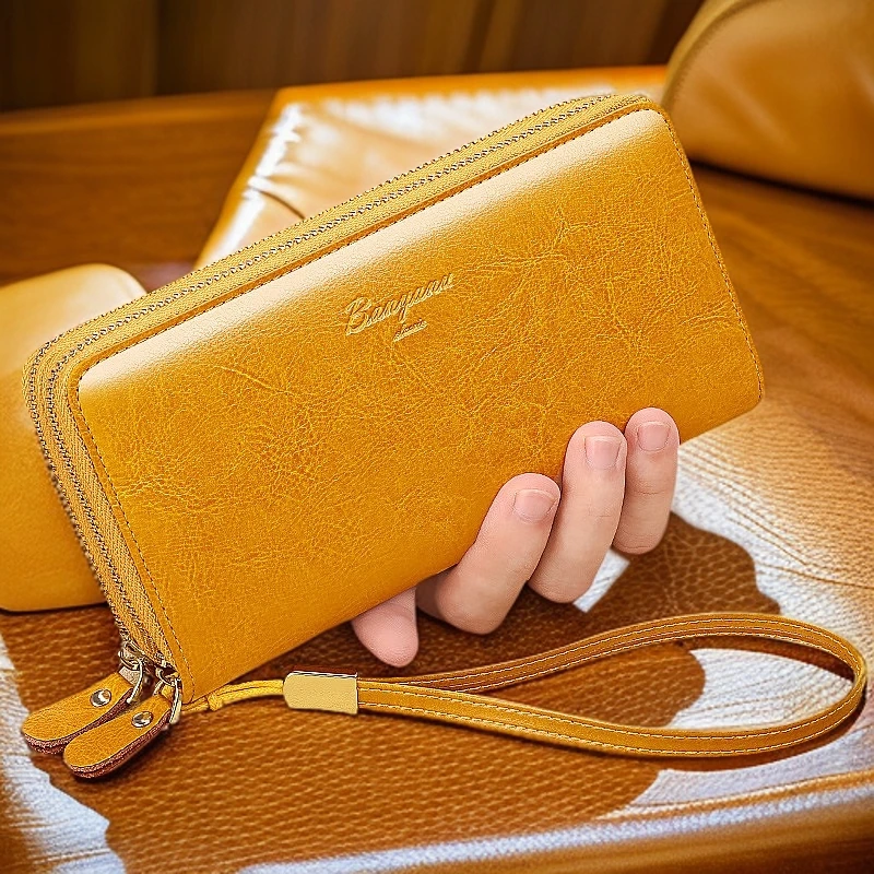 女士女款大容量黄色真皮手拿长款新款高档精致复古牛皮防盗女钱包