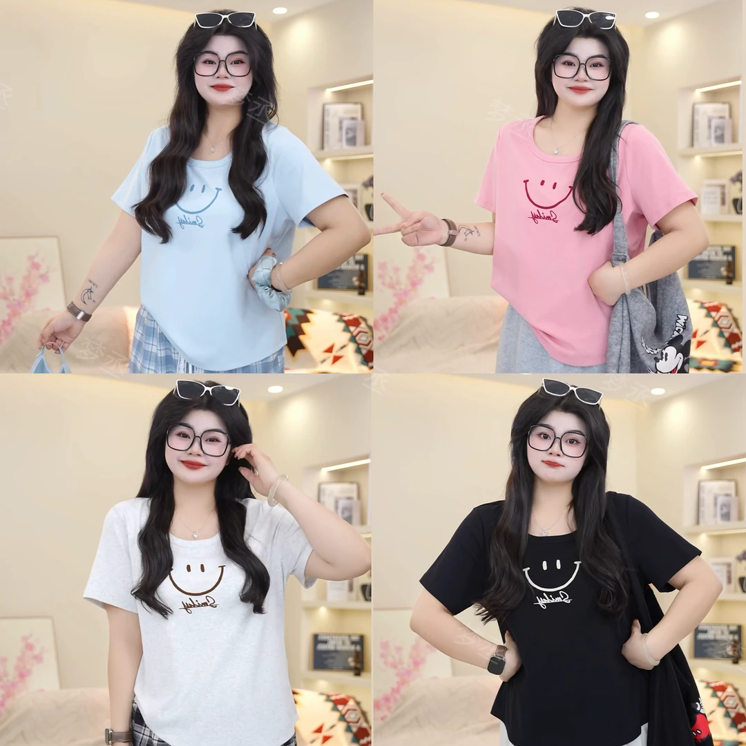 梦丞【一笑了之】大码女装圆领笑脸t恤印花T恤宽松胖mm短袖上衣女