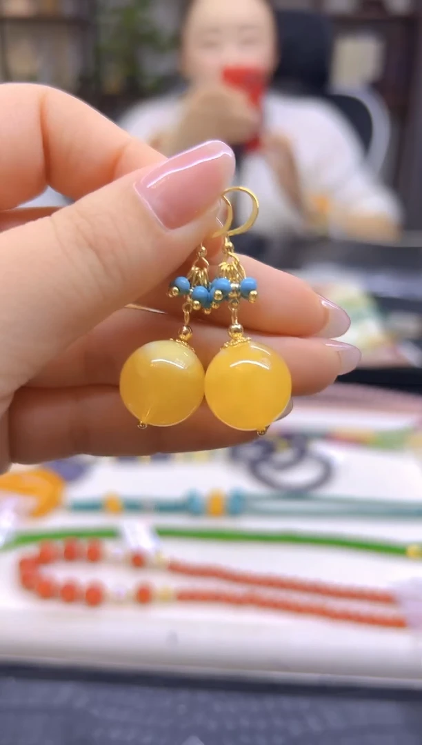 蜜蜡14K金镶嵌耳饰DIY款E923