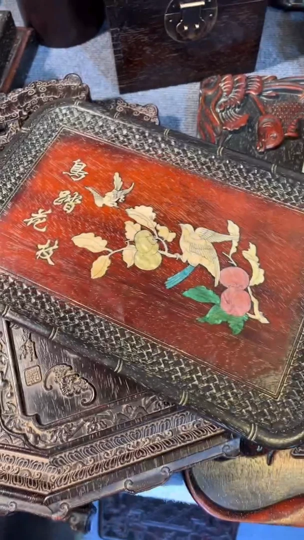 非洲紫檀（红花梨）鸟踏花枝赏盘36x24cm无底座无底座