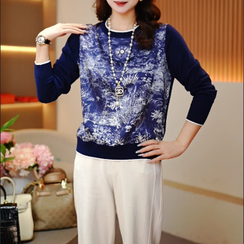 新2025春季时尚百搭桑蚕丝印花女士休闲长袖圆领套头衫-301