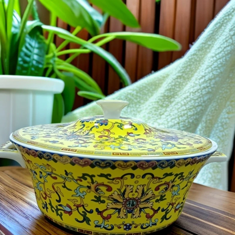 【景元宝陶瓷】帝王黄缠枝莲汤煲