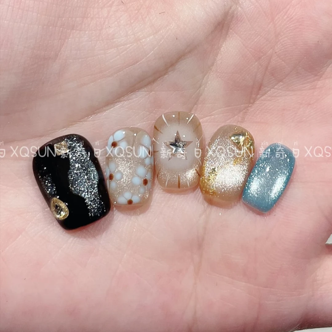 (常在心)纯手工秋冬猫眼琥珀蓝小众ins穿戴甲手绘美甲短方