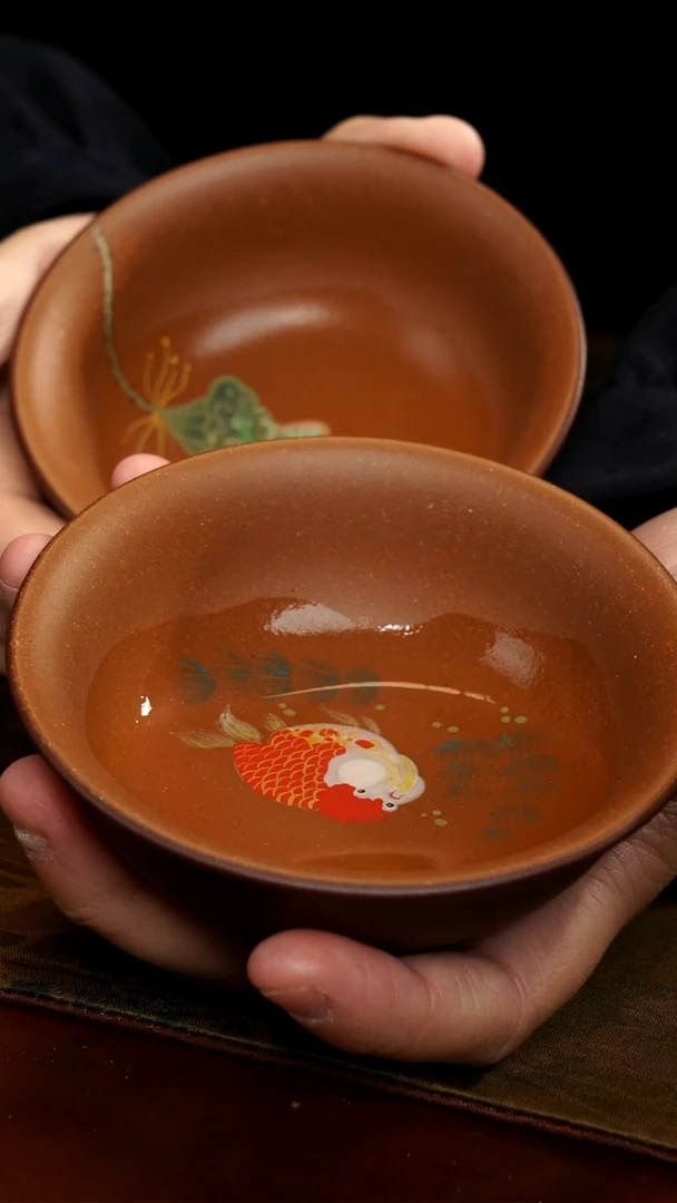茶壶紫砂金鱼和青蛙杯子一对