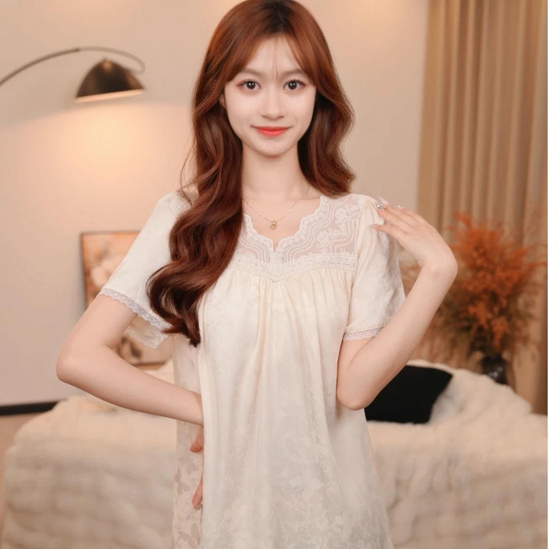 板栗小姐【蝴蝶H】中长款夏甜美风新款短袖蕾丝家居服外穿显瘦睡裙