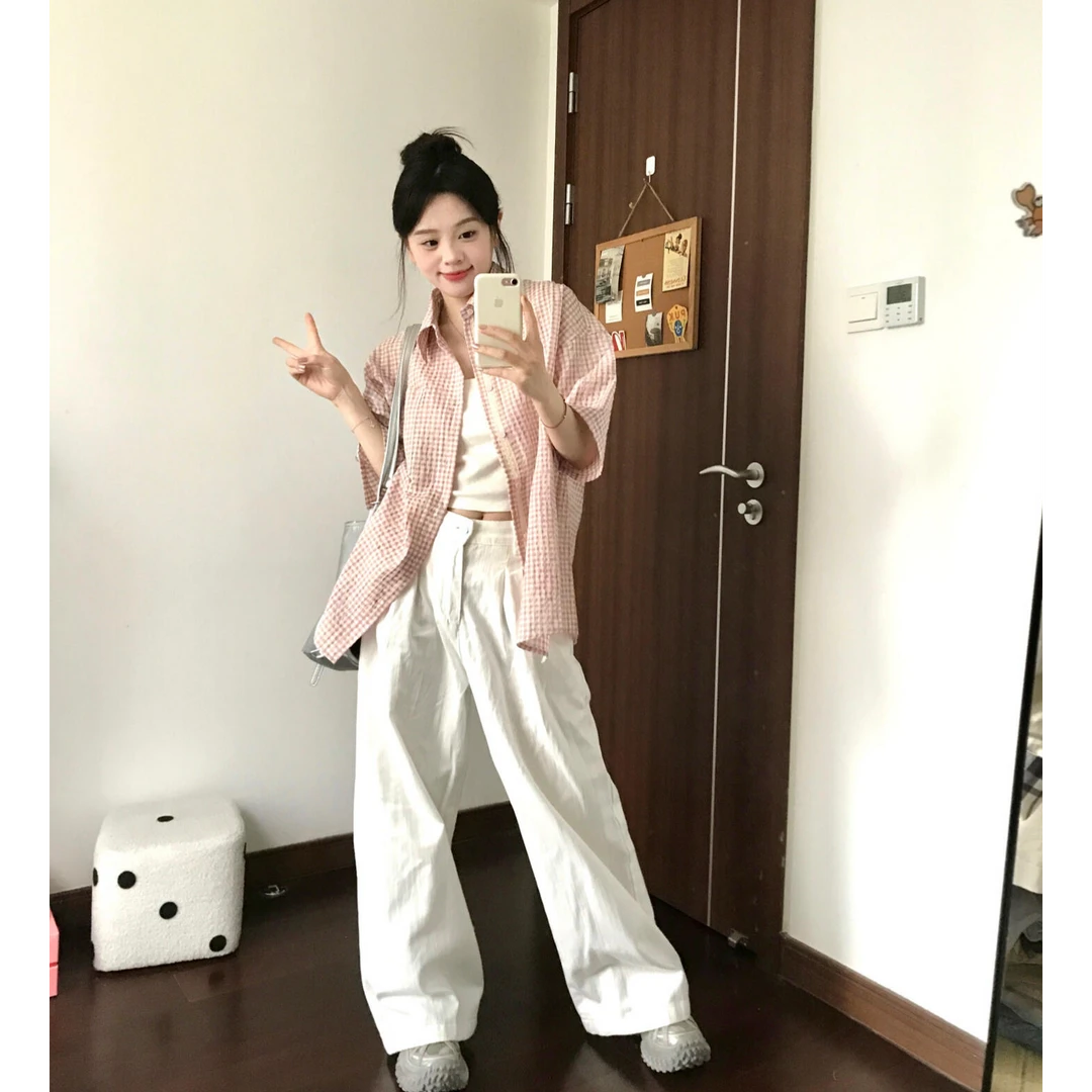 MARIE.COCO粉色格子短袖衬衫夏季女格纹上衣百搭显瘦高腰裤子套装