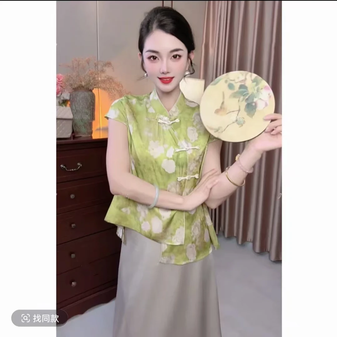 K522  网红上衣立领常规马夹马夹印花套装新中式夏季民族风