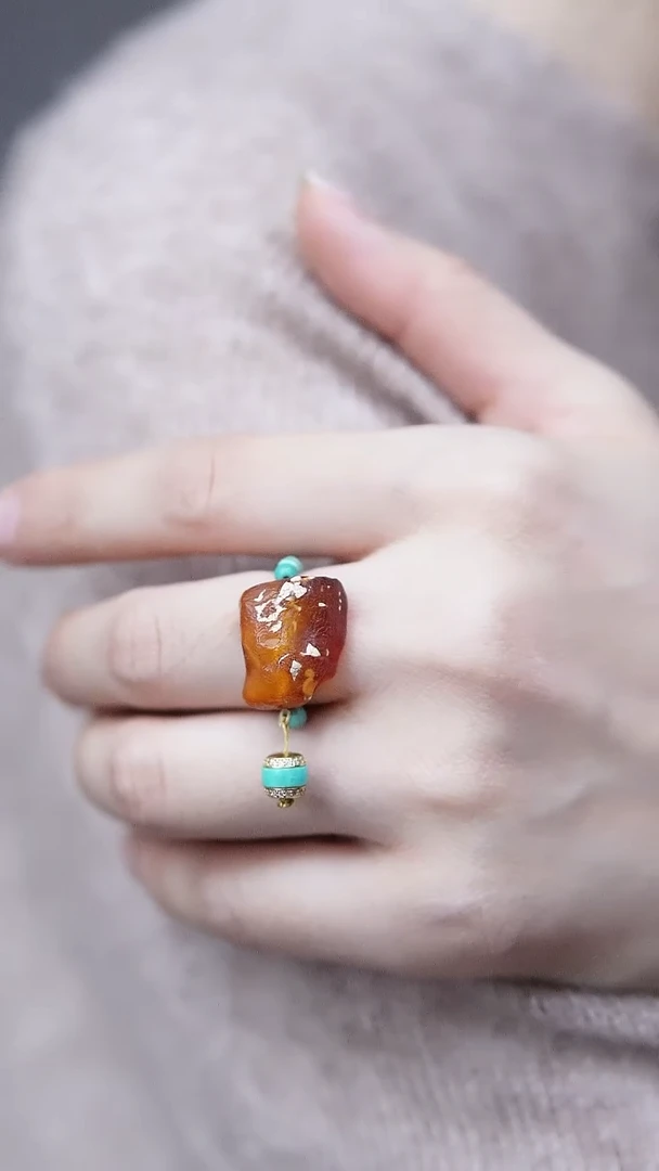 裸石蜜蜡未镶嵌*蜜蜡原石戒指*搭配绿松设计款