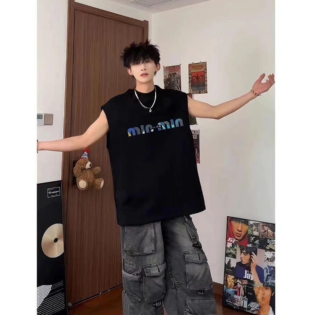 【亮闪MIN】无袖时尚潮流百搭情侣夏季宽松印花t恤圆领