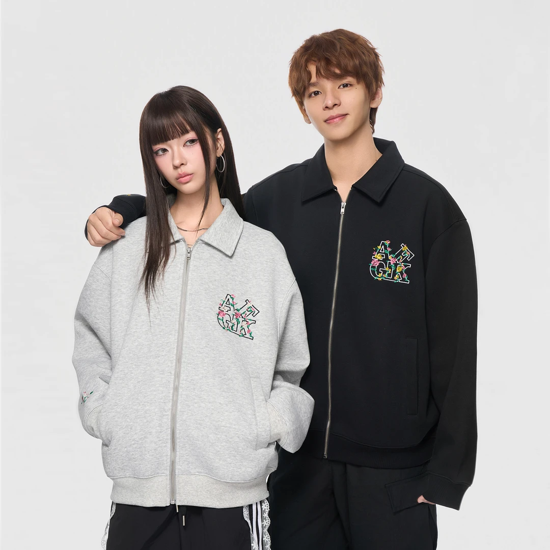 AFGK25FW空气层花卉刺绣翻领夹克秋季休闲上衣男女潮牌拉链开衫