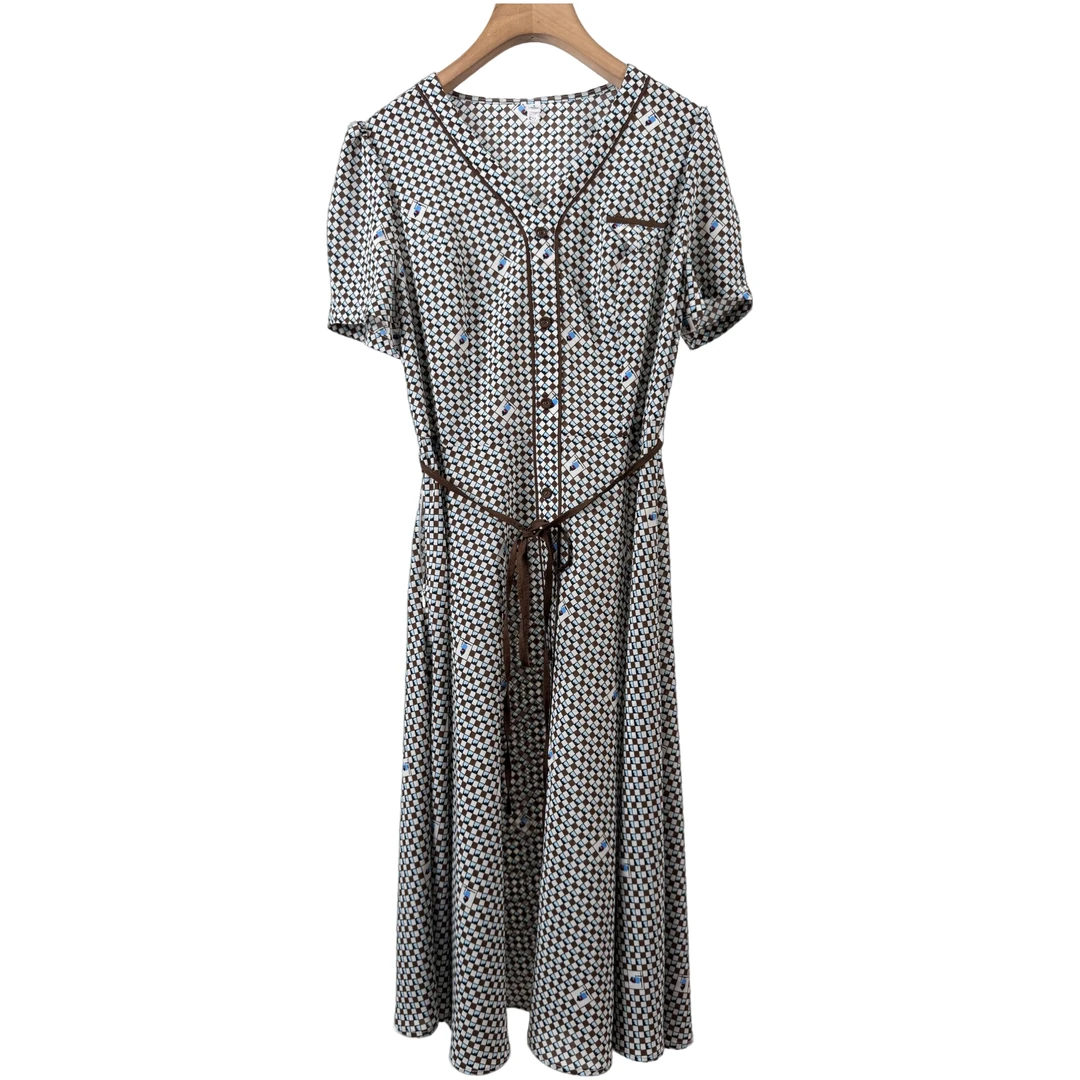 【W420咖蓝白方形】2025优雅百搭洋气款夏季短袖中长款裙