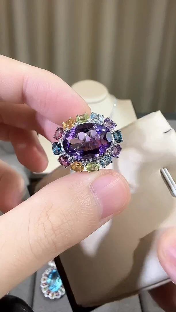 银S925镶嵌戒指紫晶10*14mm多彩宝戒指设计款