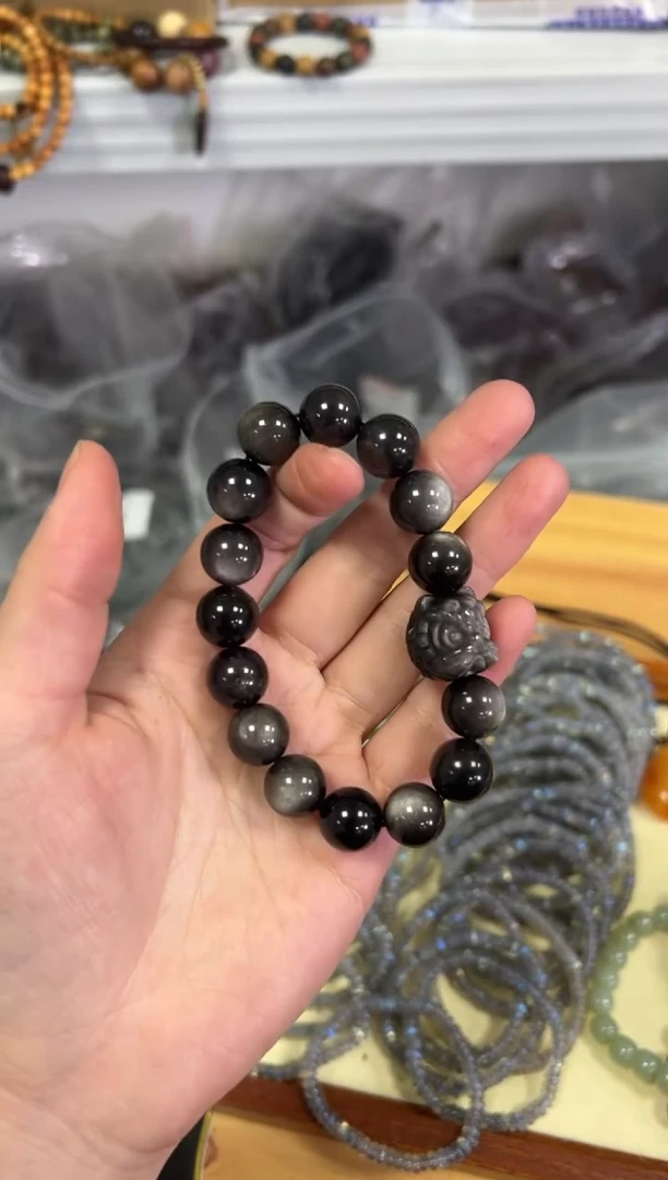 【闪购商品】黑曜岩手链未镶嵌银曜石醒狮款12M[0338]