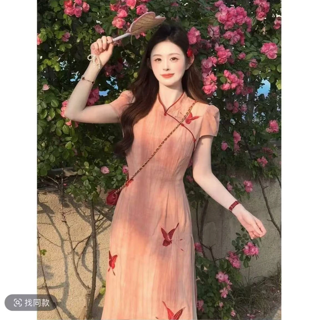 新中式国风粉色显瘦刺绣旗袍连衣裙女夏新款小个子高级感连衣裙女