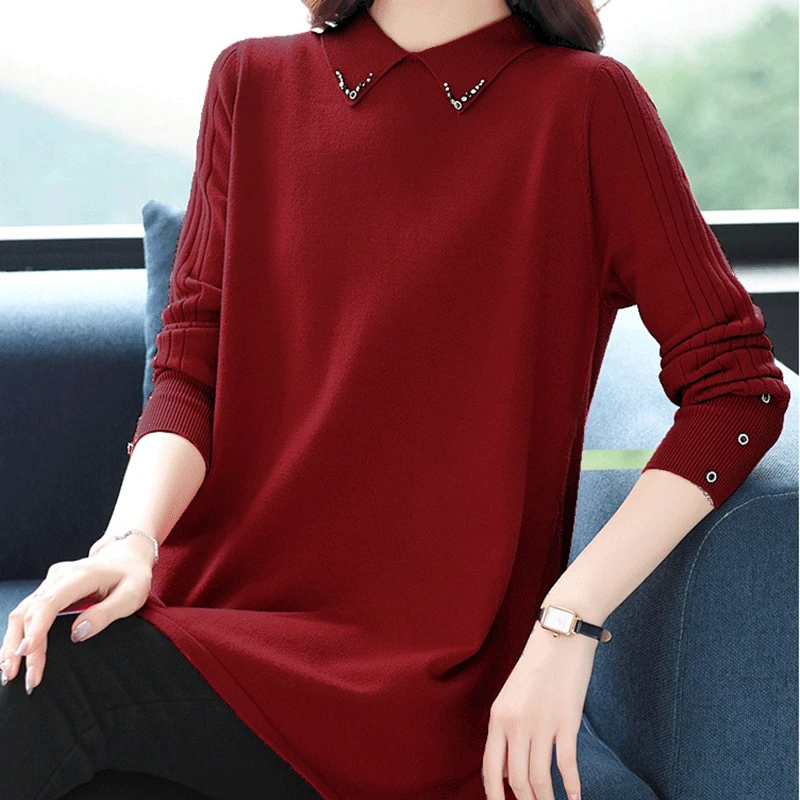 女士大码洋气长袖秋冬中年显瘦时尚百搭宽松中长款针织翻领内搭