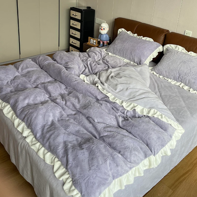 公主风牛奶绒床上四件套雕花珊瑚绒被套加厚毛绒冬季床单三件套
