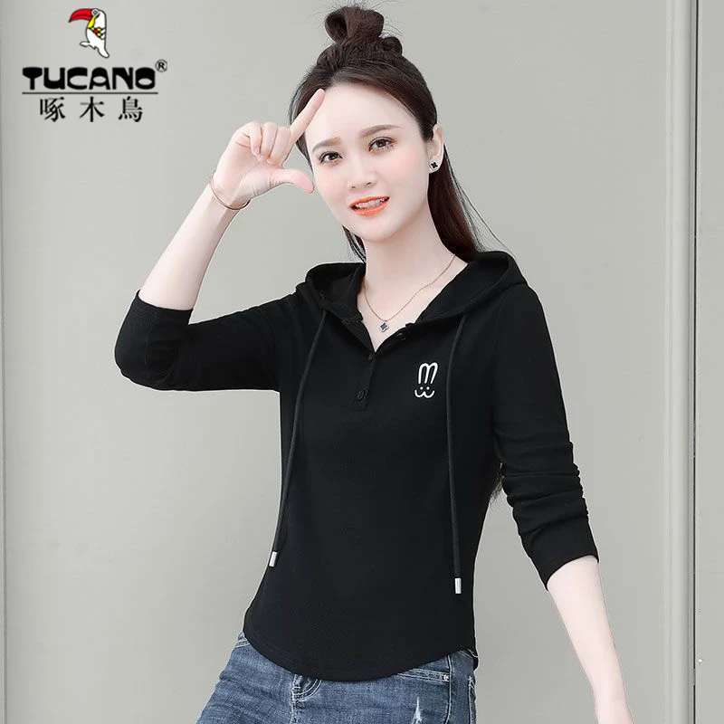 啄木鸟~2025春秋季新款长袖t恤女修身显瘦短款上衣爆款女装打底衫