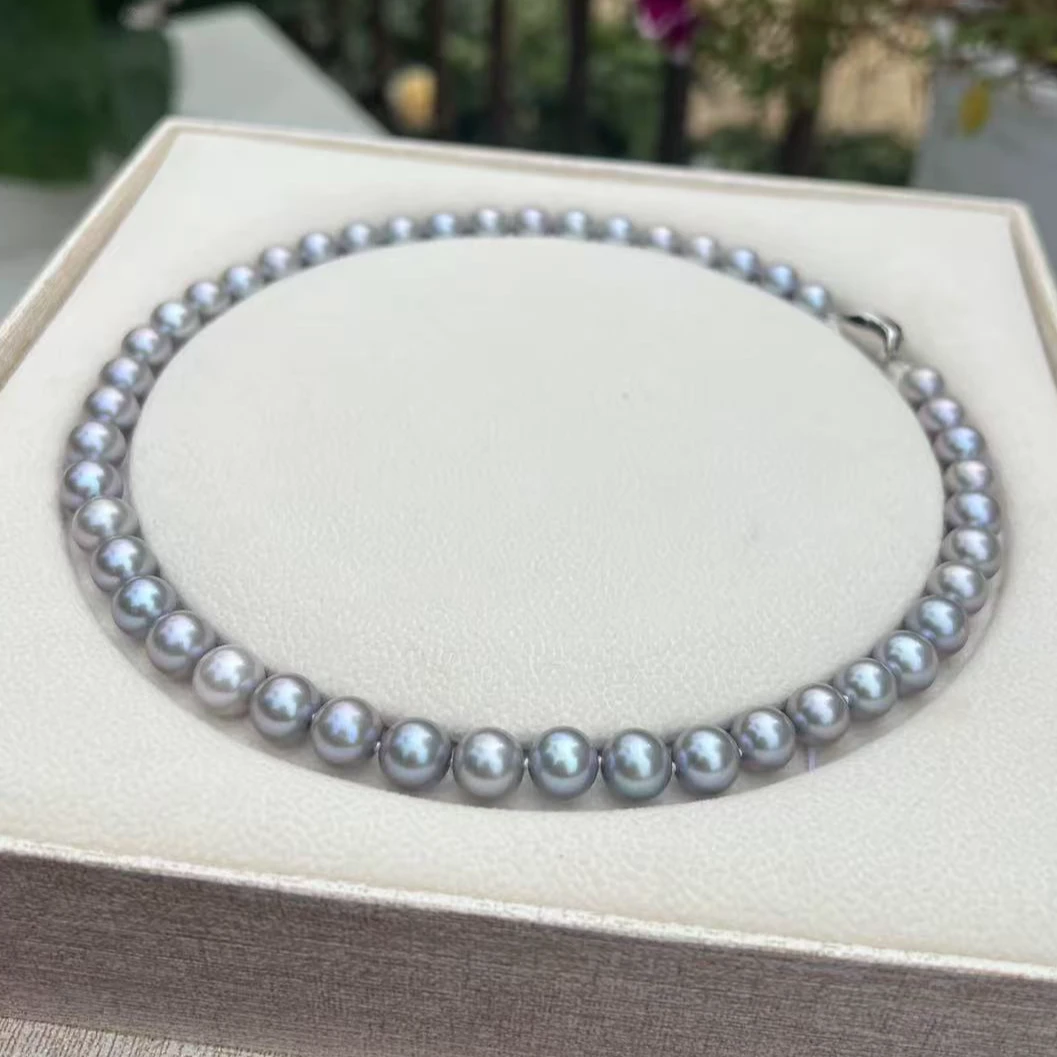 稀缺蓝血贵族天然淡水真珍珠9-10mm无核强光全珠链时尚银蓝灰色