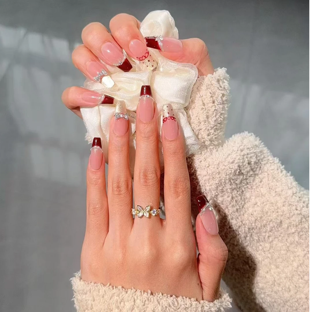 【复古蕾丝】秋冬新款法式酒红显白手工穿戴甲高级感新年战甲