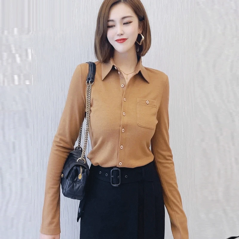 【商场同款】正肩时尚翻领气质长袖洋气纯色口袋羊毛衬衫休闲衬衣女