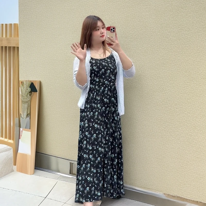 妮妮家119夏季新款碎花吊带连衣裙针织防晒开衫两件套