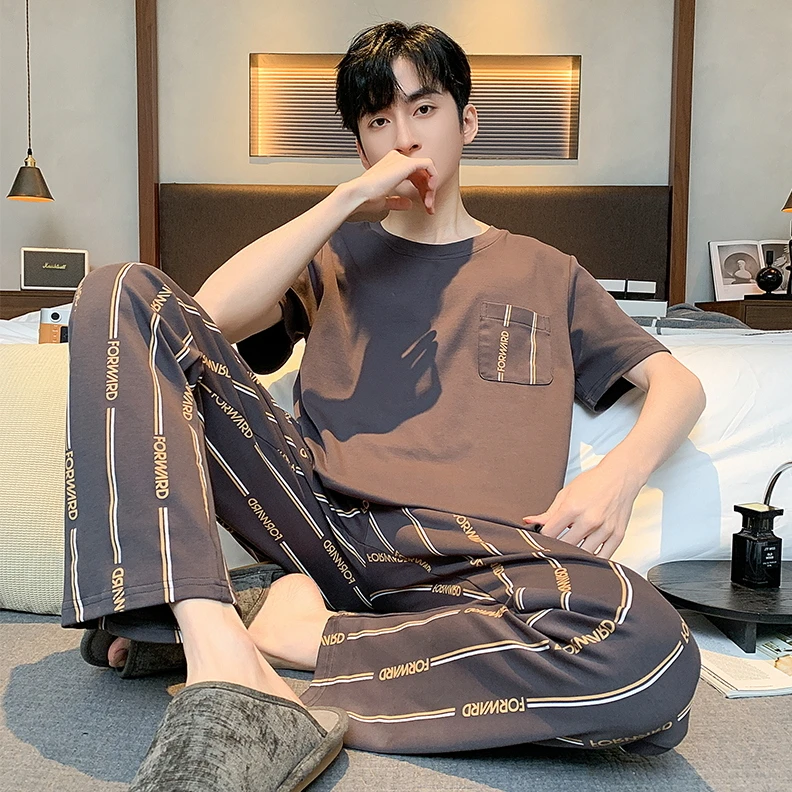 纯棉男士睡衣夏季短袖长裤圆领休闲简约舒适青少年夏天家居服套装