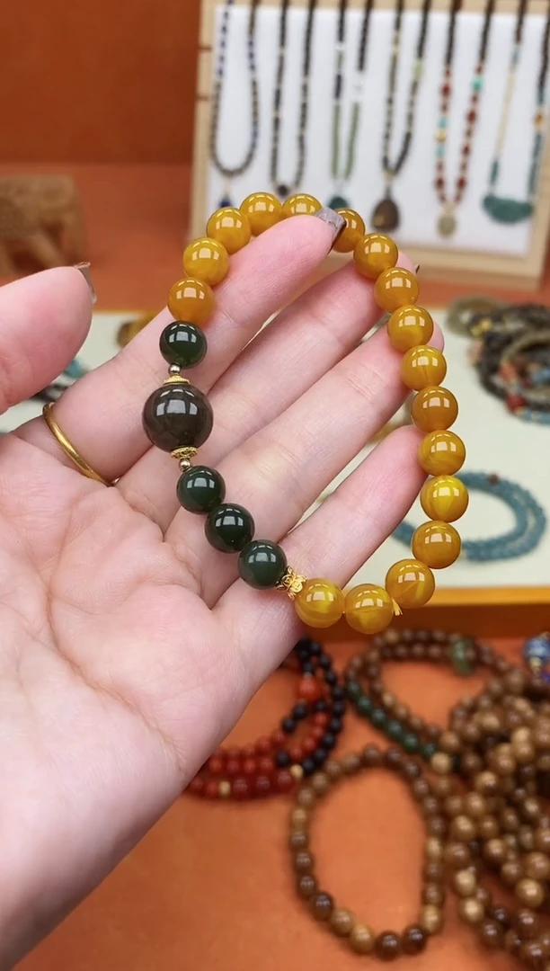 手链蜜蜡未镶嵌单圈蜜蜡和田菠菜绿手串