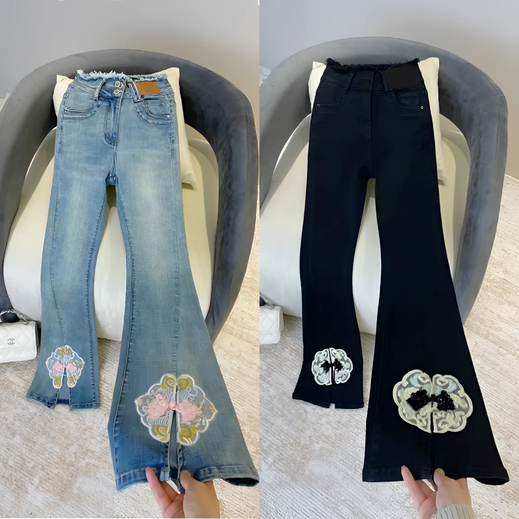 新中式国风设计感开叉喇叭牛仔裤女2025春款上新高腰显瘦微喇长裤