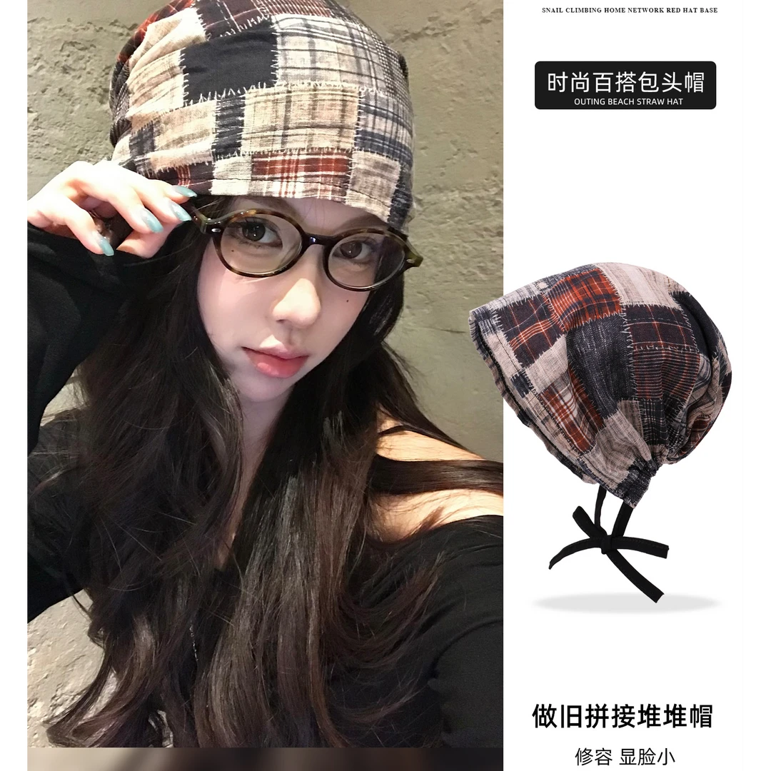 格子复古做旧堆堆帽女美式街头时髦拼接帽子显脸小包头帽画家冷帽