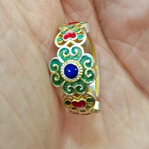 九乐 足银珐琅戒指 999珐琅宝相花桃心红色戒