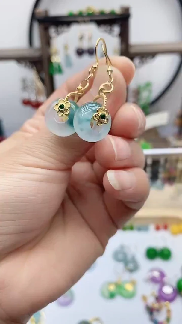 14K金镶嵌石英质玉（天山翠）耳饰565