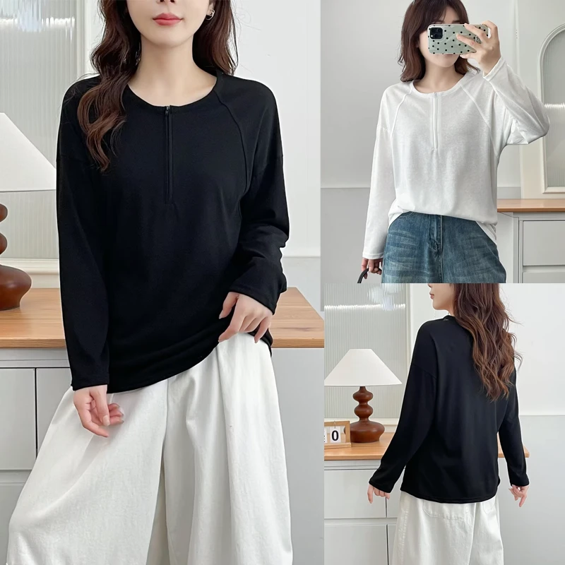 大码女装秋季新款拉链圆领长袖T恤纯色内搭休闲上衣百搭打底衫325