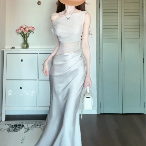 2025夏季新款气质纯欲斜肩网纱拼接缎面连衣裙长款修身显瘦406-5