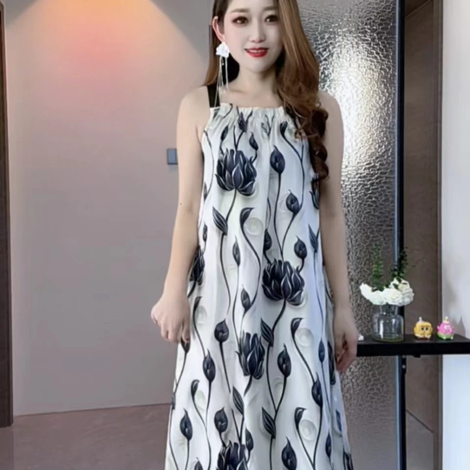 【黑荷花】夏季女装连衣裙女中长款吊带裙气质时尚显瘦印花连衣裙