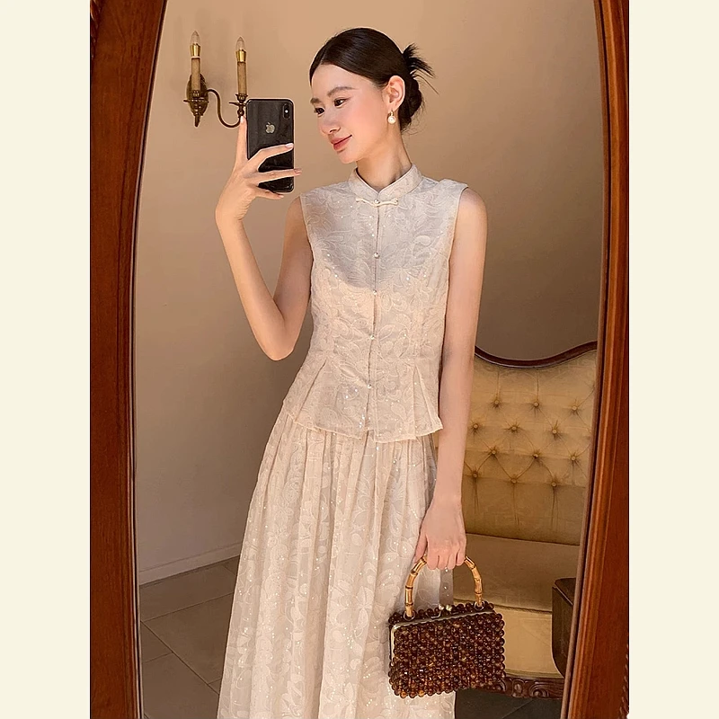 2025夏季新款新中式时尚设计感高级感绝美别致杏色连衣裙套装女款
