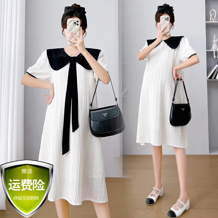 孕妇装夏季新款韩版宽松娃娃领拼色减龄显瘦翻领中长款孕妇连衣裙