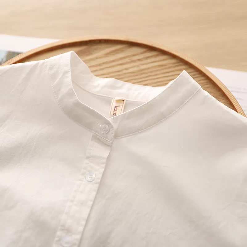 秋新款学院风通勤文艺纯棉小立领衬衫女长袖简约宽松纯色打底衬衣